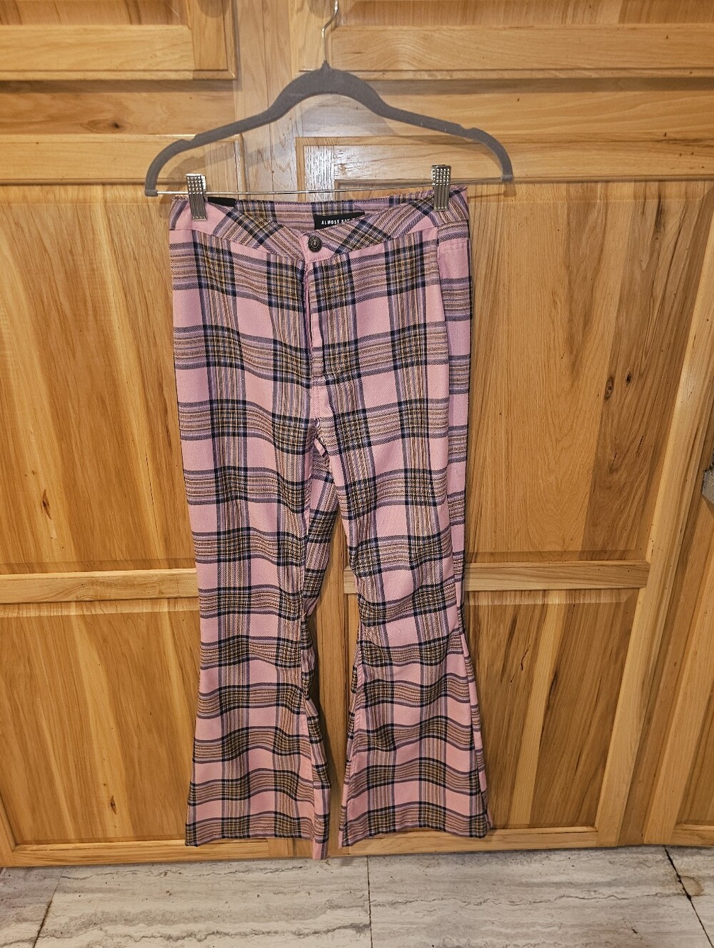 Almost Famous Pink Plaid Flared Pants Size 1